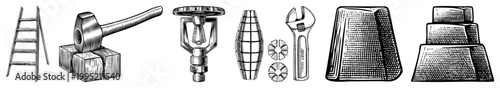 Retro engraved workshop tools and mechanical including adjustable wrench, grenade, sprinkler head, ladder, and stacked cones detailed art with.