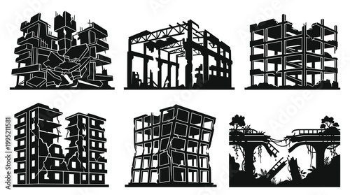 Post-Apocalyptic Urban Ruins Black  White Silhouette Glyphs - Destroyed Buildings  Bridge