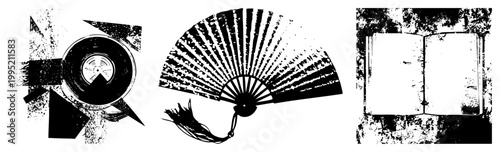 Black and white distressed turntable, fan with tassel, vintage book great for retro branding or zines. Also trio, print ready vector silhouettes.