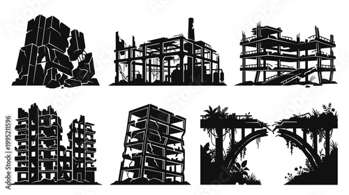 War  Disaster Ruined Buildings Silhouette Vector Set: Destroyed City Structures  Rubble Glyphs