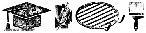 Distressed including academic mortarboard, feather pen, barbecue grate, and artist brush ideal for vintage design or educational themes.