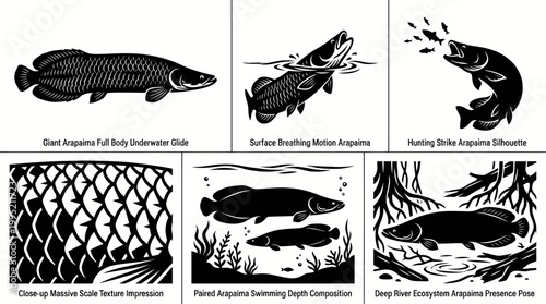 Arapaima Fish Wildlife Biology Black  White Silhouette Illustrations Set with Behavior  Anatomy