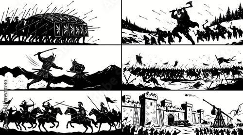 Historical Battles: Ancient Warfare Scenes in Black and White Illustration