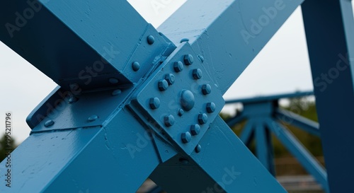 Blue metal bridge crossbeam closeup with bolts and rivets structural detail