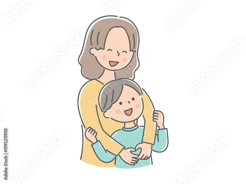 男の子を後ろから抱きしめる母親のイラスト