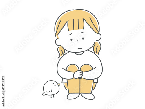 寂しそうに膝を抱えて座る小さな女の子のイラスト単色