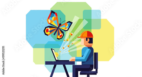 Man creating digital butterfly art on laptop, concept of digital creation and inspiration