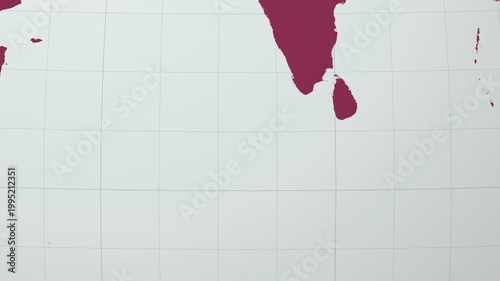 Maldives map. Animated zoom into the country on the Globe in Pale Mint Dark Pink color palette. Country logo animation with round text and airplanes. Map with meridians, parallels. Appealing video.