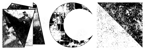 Stylized vector forms using halftone dot, retro graphic design elements, grunge aesthetic, minimalist abstract art, pixelated textures.