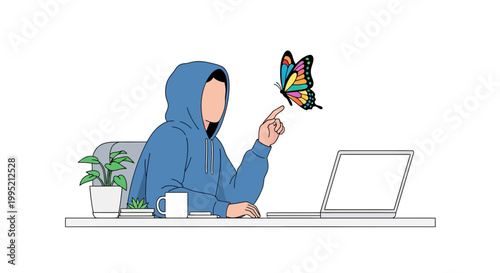Person in hoodie reaching out to a colorful butterfly at a laptop desk