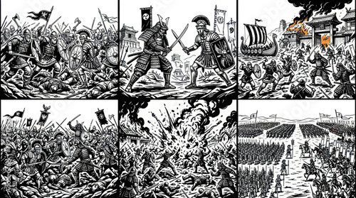 Black and White Line Art of Historical Battles with Soldiers and Warriors