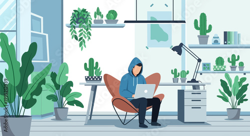 Man working remotely on laptop in a modern home office with plants