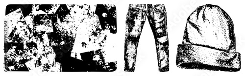 Grunge style clothing illustration featuring ripped jeans and knit cap, also known as streetwear clipart or urban fashion doodle. Ideal for apparel design or print.