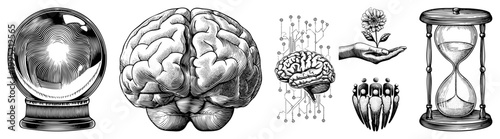 Engraved symbols of cognition, foresight, connection brain, crystal ball, hourglass, neural circuits, hand with flower, group silhouette. Vector cutouts.