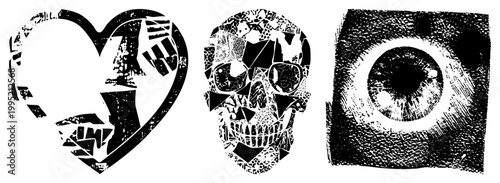 Distressed vector symbols featuring a fragmented heart, mosaic skull, and textured eyeball gothic set, dark aesthetic emblems for tattoo or streetwear design.