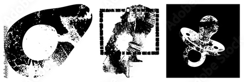 Distressed graphic symbols with grainy texture, weathered visual elements, rough edged, vintage print aesthetic, digital decay motifs.