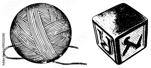 Hand drawn skein of wool thread alongside alphabet block, textile craft supply and infant toy, rendered in retro engraving style with stippled shading.