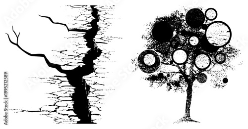 Stylized arboreal graphics rendered in, featuring glitch distortion and halftone dot ideal for digital art, print, or UI elements. Tree motif, botanical vector.