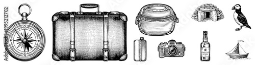 Retro adventure gear collection including navigational compass, vintage suitcase, film camera, whiskey bottle, puffin bird, sailboat, igloo travel memorabilia and expedition essentials.