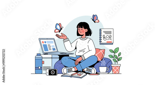 Woman working remotely with butterflies and laptop, creative freelance lifestyle