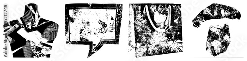 Rugged halftone style graphic elements including torso, speech bubble, shopping bag, and tie distressed texture for edgy design projects or urban branding.
