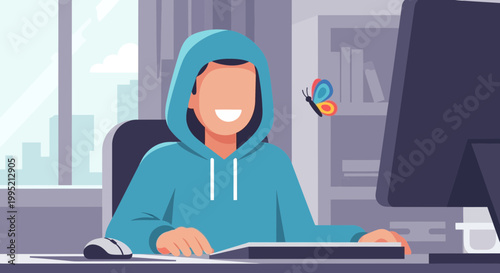Young person in hoodie working on computer, butterfly flying nearby
