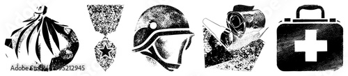 Army themed halftone symbols including airborne gear, commendation badge, combat helmet, reconnaissance optics, medical kit stylized vector cutouts for tactical graphics or military branding.
