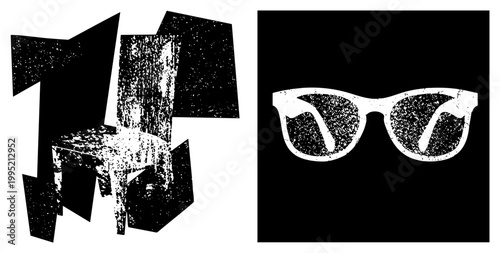 Retro style sunnies graphic, vintage shades illustration, stylized eyewear cutout with speckled noise effect, ideal for streetwear branding or punk zine design.