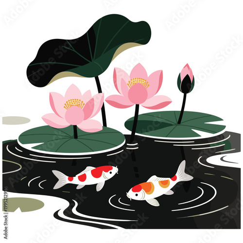 Graphic illustration of vibrant koi fish swimming peacefully in a serene lotus pond.