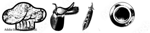 Stylized featuring culinary and equestrian motifs chef’s toque, horse saddle, pod vegetable, dinner plate rendered in distressed halftone vector style for graphic design.