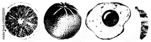 Stylized citrus sections and sunny side up egg rendered in halftone, dot matrix food illustration, retro print design, kitchen.