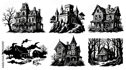 Spooky Haunted Houses and Castle Black and White Vector Icons