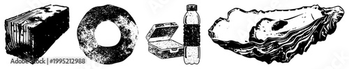 stippled halftone set brick, toroidal pastry, meal container with bottle, bivalve for print/digital design.