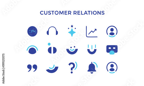 Customer relations icons, blue vector graphics, business communication symbols, 16 icons set