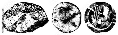 Asteroid fragment depiction using stipple technique, space rock graphic, cosmic debris visual, planetary science, meteoroid silhouette, celestial body cutout.