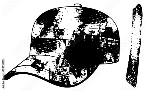 Distressed snapback hat graphic, weathered ballcap illustration, urban streetwear headwear, edgy apparel design, punk inspired cap silhouette.