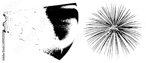 Distressed explosive graphic element, splintered fragment design, halftone burst effect, retro punk aesthetic, stencil art, urban streetwear motif.