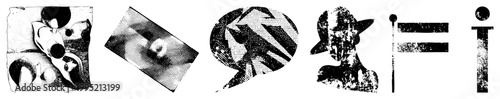 Stylized graphic symbols featuring pixelated distortion, raster artifacts, and fragmented forms ideal for avant garde UI, experimental art, or retro futurism projects.