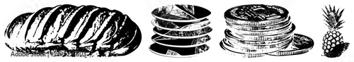 halftone glyphs sourdough, dessert, coins,. baked good, currency, pastry, bromeliad fruit.