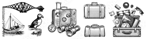 Retro travel themed vector graphics featuring luggage, optics, seabird, vessel, and landmark ideal for adventure branding, itinerary design, or wanderlust marketing campaigns.