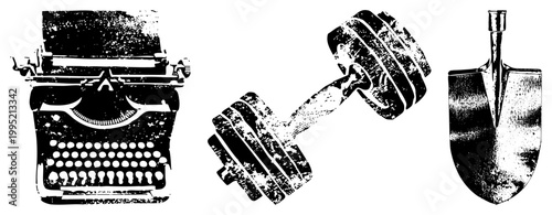 Vintage typewriter, dumbbell, shovel retro vector with halftone grain. Alt names manual typewriter, barbell, spade. For print/digital design.
