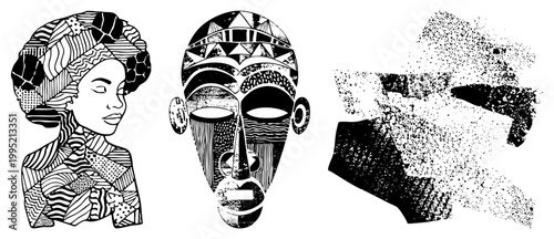 Ethnic graphic illustrations featuring woman bust, ceremonial face mask, and abstract halftone design ideal for cultural art, textile prints, or decorative motifs.