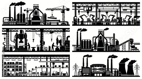 Industrial Factory and Manufacturing Production Silhouettes Vector Icon Set