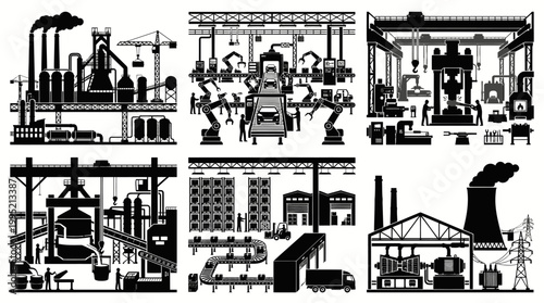 Industrial Manufacturing Factories Production Plants Black White Glyph Icons Set