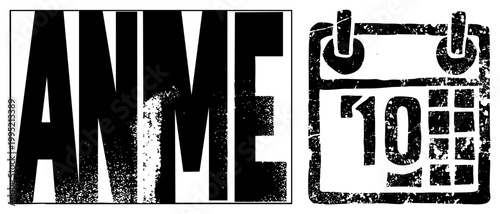 Rugged anime themed date marker, distressed calendar symbol, vintage manga style graphic, retro pop culture emblem, halftone print aesthetic.