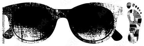 Retro sunnies with distressed, vintage shades, graphic eyewear symbol, stylized glasses motif, flat illustration.