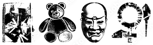 Stylized including plush toy, Japanese theatrical mask, and symbolic graphics rendered in halftone dot for print or digital use.