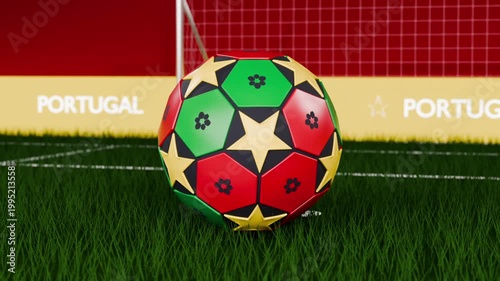 Rotating soccer ball landing on turf from closeup, settling before PORTUGAL band for promo display