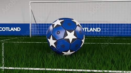Camera pulling back, blue star ball rolling across pitch and settling in goal mouth with SCOTLAND