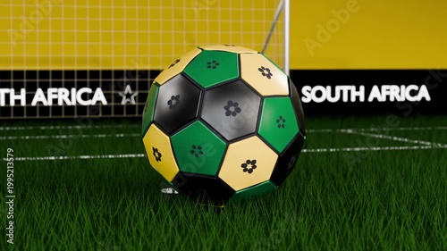 Camera pulling back revealing soccer ball rolling toward goal on turf, passing SOUTH AFRICA board